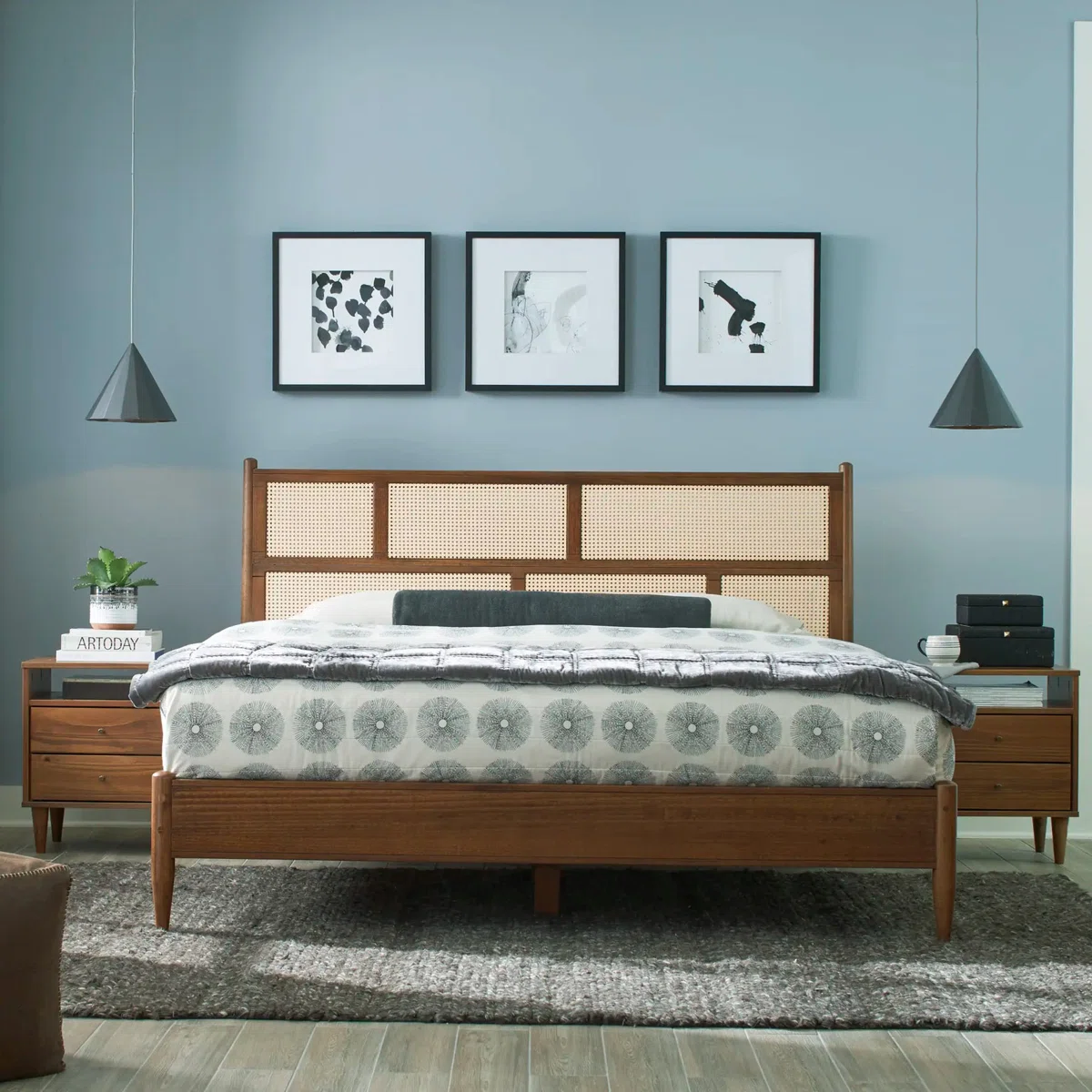 Mid+Century+Solid+Wood+Cane+Bed-88685115