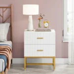 Modern White and Gold Bedside Table with Fluted Design