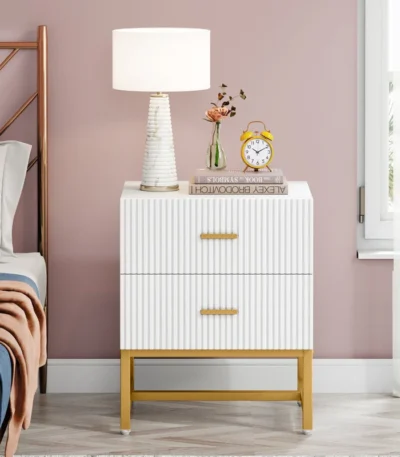 Modern White and Gold Bedside Table with Fluted Design