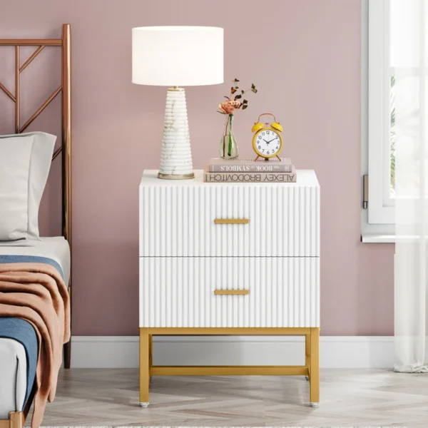 Modern White and Gold Bedside Table with Fluted Design
