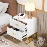 Luxury white and gold nightstand paired with modern bed