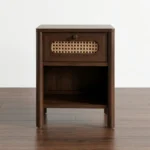 Dark Walnut Solid Wood Bedside Table with Woven Cane Accents