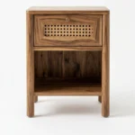 Natural Solid Wood Bedside Table with Woven Cane Accents
