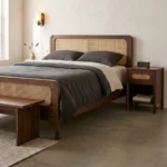 Luxury Dark Wood Bedside Table and Bed Set in Modern Bedroom
