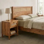 Modern Natural Wood Cane Nightstand in Bright Bedroom