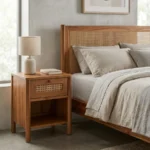 Close-up of handcrafted cane weaving on solid wood bedside table