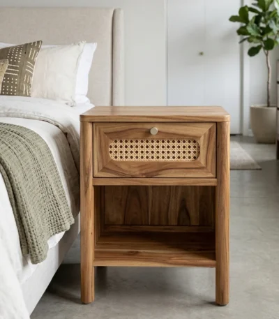 Minimalist Natural Wood Bedside Table with storage shelf
